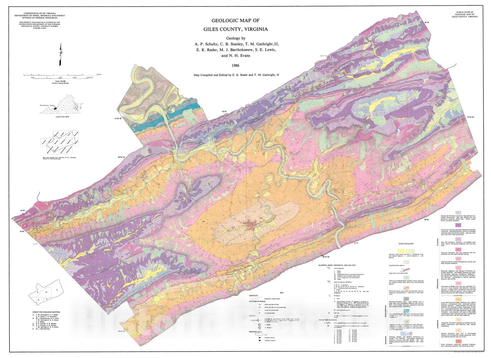 Map : Geologic map of Giles County, Virginia, 1986 Cartography Wall Art :
