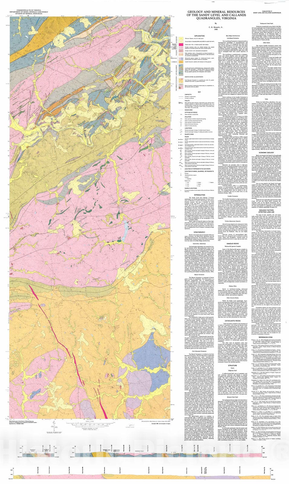 Map : Geology of the Sandy Level and Callands quadrangles, Virginia, 1988 Cartography Wall Art :
