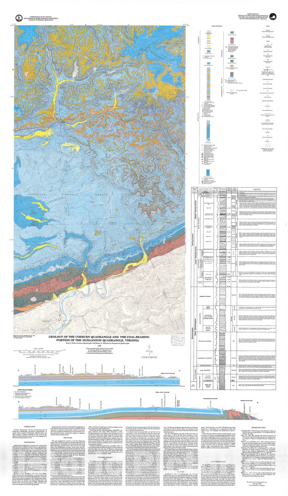 Map : Geology of the Coeburn quadrangle and the coal-bearing portion of the Dungannon quadrangle, Virginia, 1988 Cartography Wall Art :