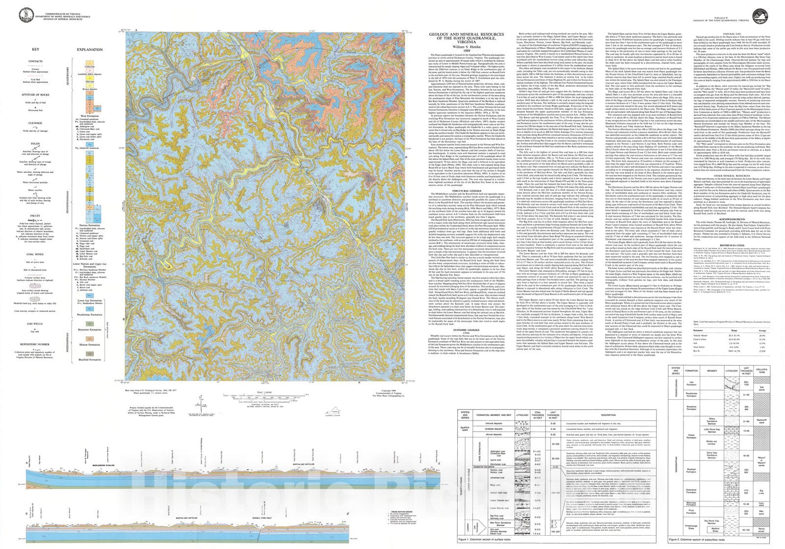 Map : Geology of the Haysi quadrangle, Virginia, 1989 Cartography Wall Art :