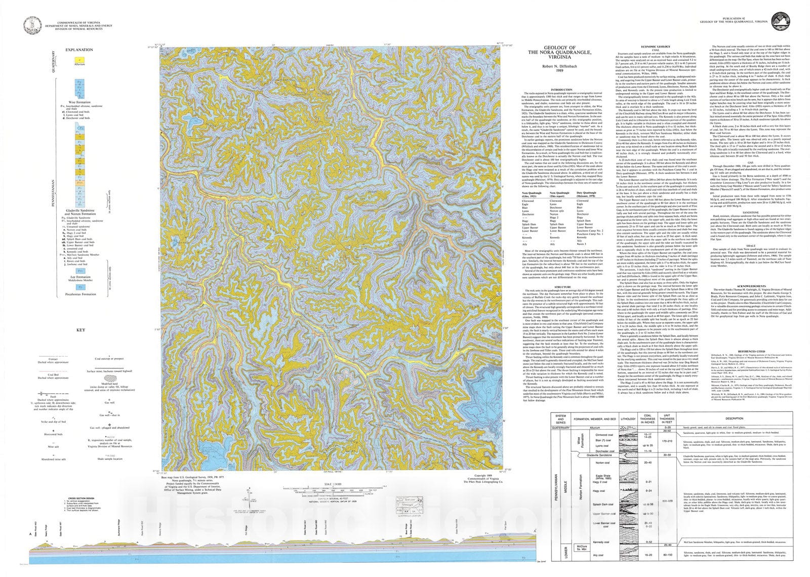 Map : Geology of the Nora quadrangle, Virginia, 1989 Cartography Wall Art :