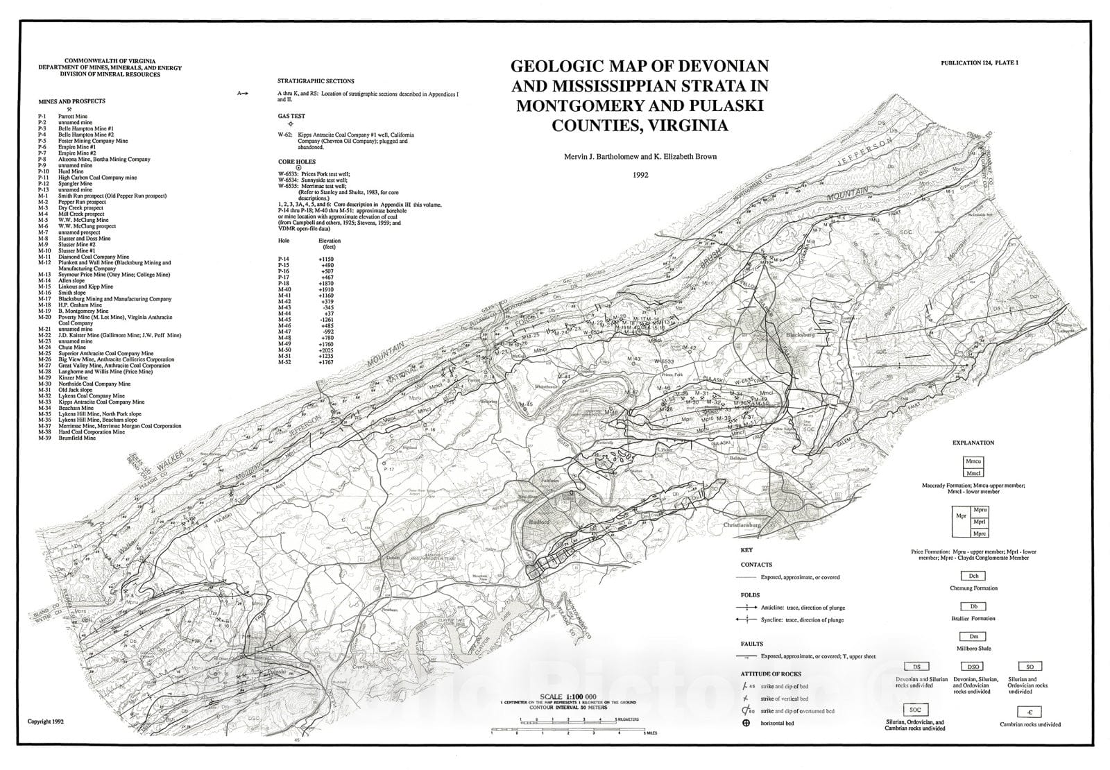 Map : The Valley coalfield (Mississippian age) in Montgomery and Pulaski Counties, Virginia, 1992 Cartography Wall Art :
