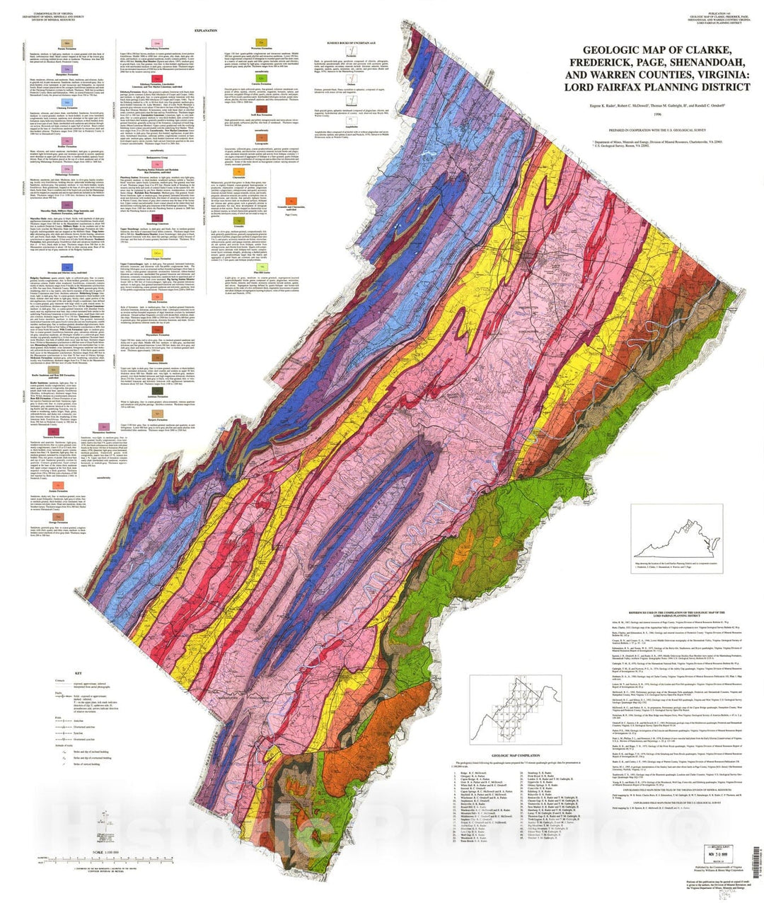 Map : Geologic map of Clarke, Frederick, Page, Shenandoah, and Warren Counties, Virginia:  Lord Fairfax Planning District, 1996 Cartography Wall Art :