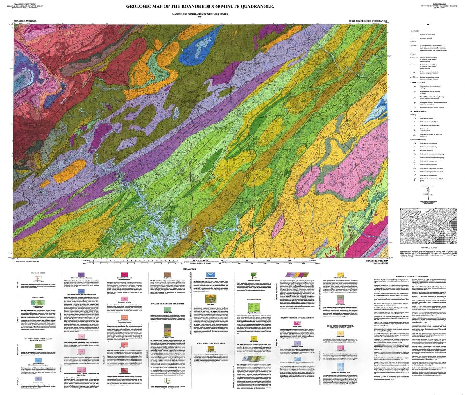 Map : Geologic map of the Roanoke thirty x sixty minute quadrangle, 1997 Cartography Wall Art :
