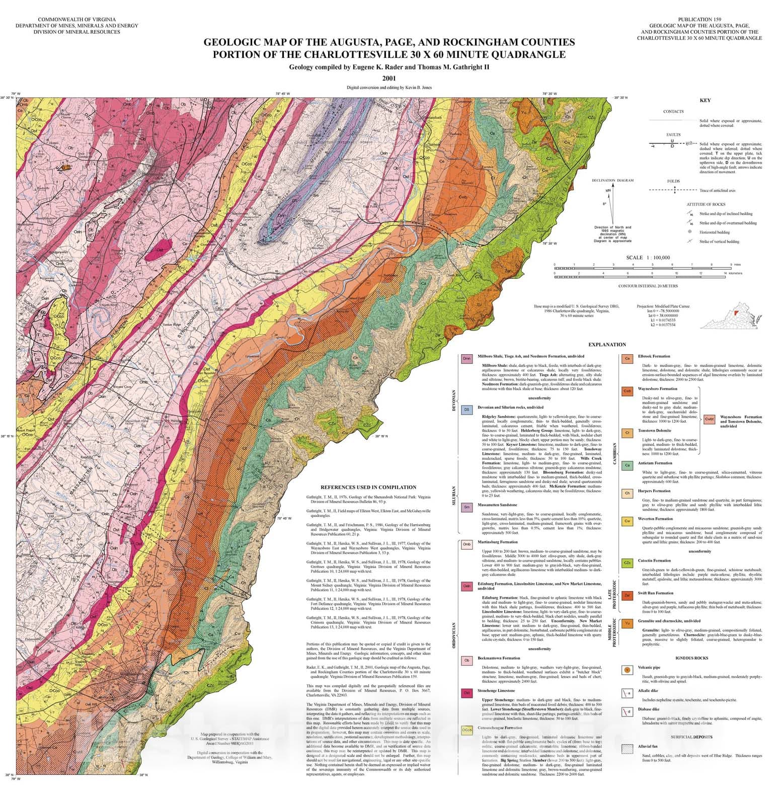 Map : Geologic map of the Augusta, Page, and Rockingham Counties portion of the Charlottesville thirty x sixty minute quadrangle, 2001 Cartography Wall Art :