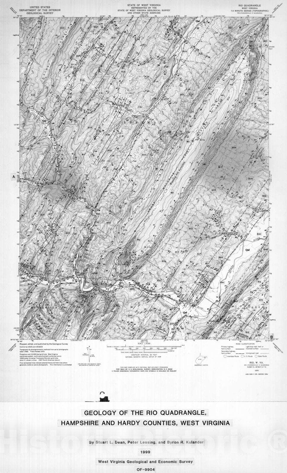 Map : Geology of the Rio Quadrangle, Hampshire and Hardy Counties, WV, 1999 Cartography Wall Art :