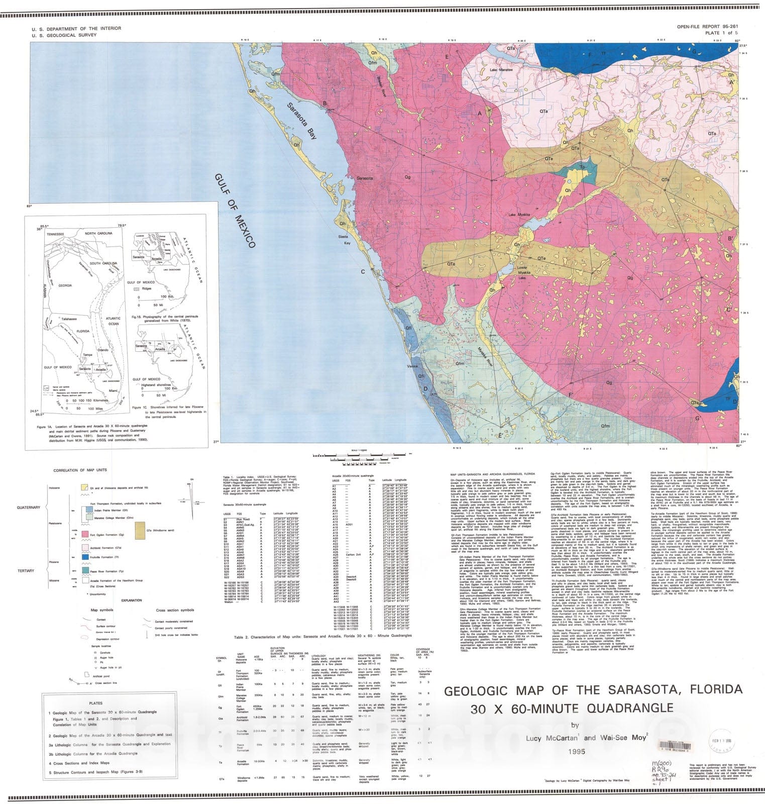 Map : Geologic maps of the Sarasota and Arcadia, Florida 30x60-minute quadrangles, 1995 Cartography Wall Art :