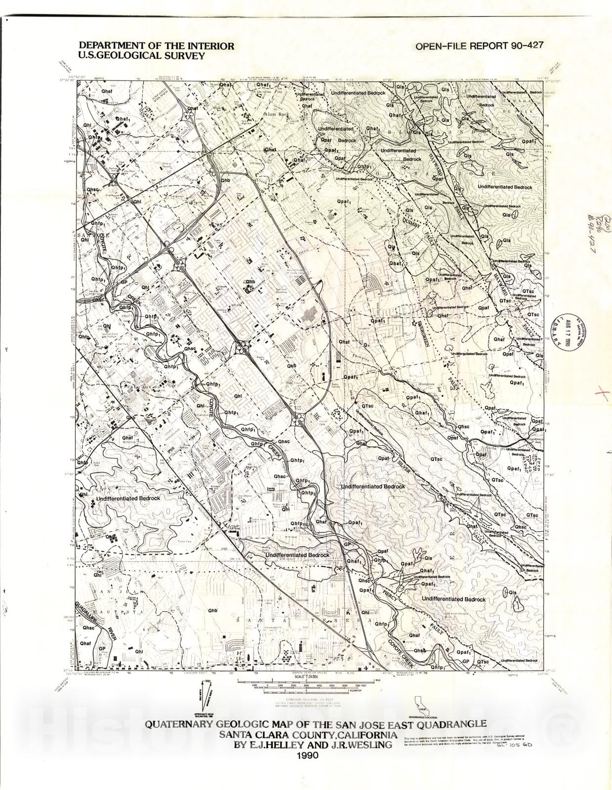 Map : Quaternary geologic map of the San Jose East quadrangle, Santa Clara County, California, 1990 Cartography Wall Art :