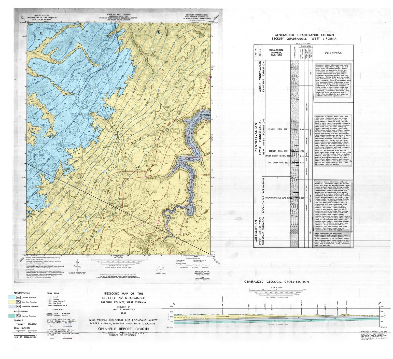 Map : Geologic Map of the Beckley 7.5' Quadrangle, Raleigh County, West Virginia, 1981 Cartography Wall Art :