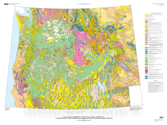 Map : Map of major lithologic units in the Pacific northwest: a contribution to the Interior Columbia Basin Ecosystem Management Project, 2001 Cartography Wall Art :