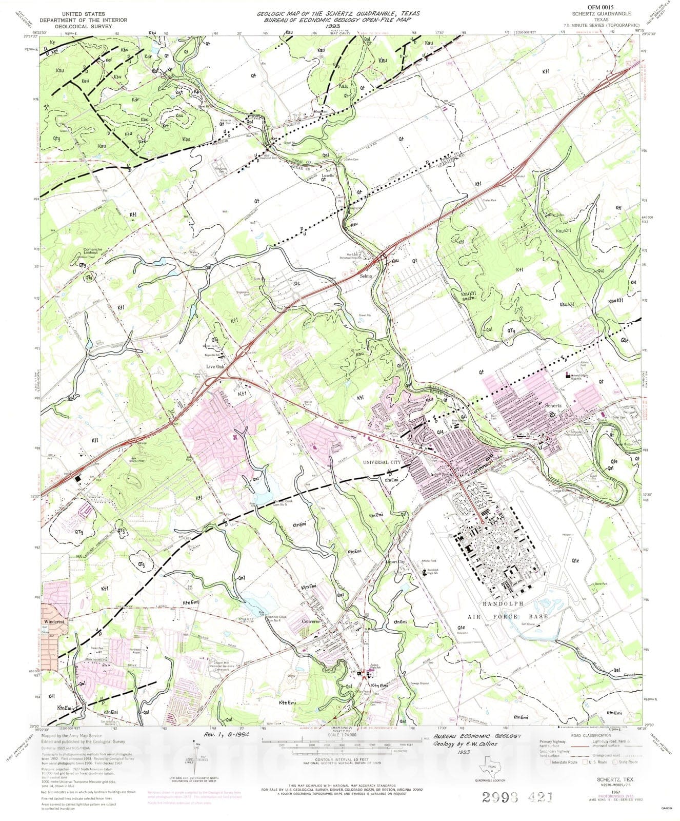 Map : Geologic map of the Schertz quadrangle, Texas, 1993 Cartography Wall Art :