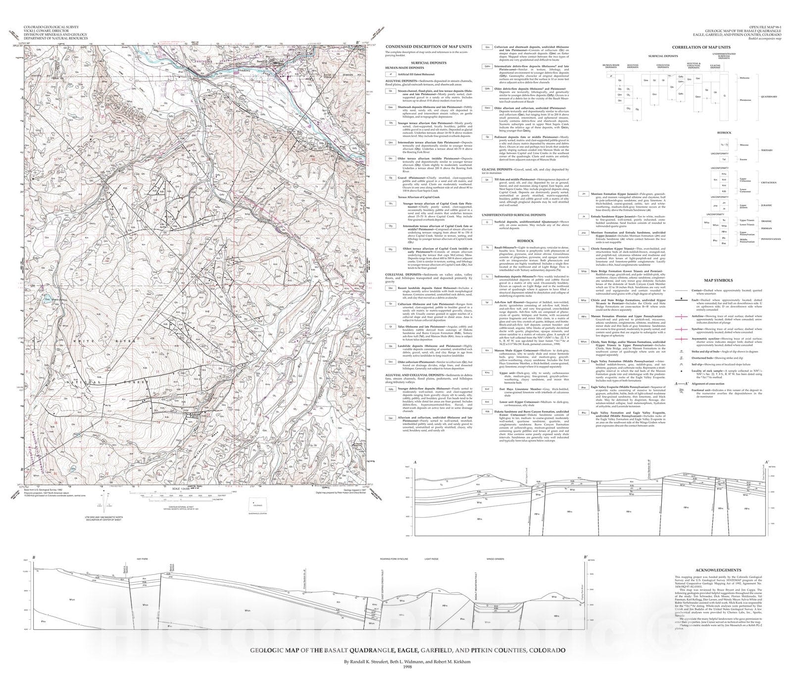 Map : Geologic map of the Basalt quadrangle, Eagle, Garfield, and Pitkin Counties, Colorado, 1998 Cartography Wall Art :