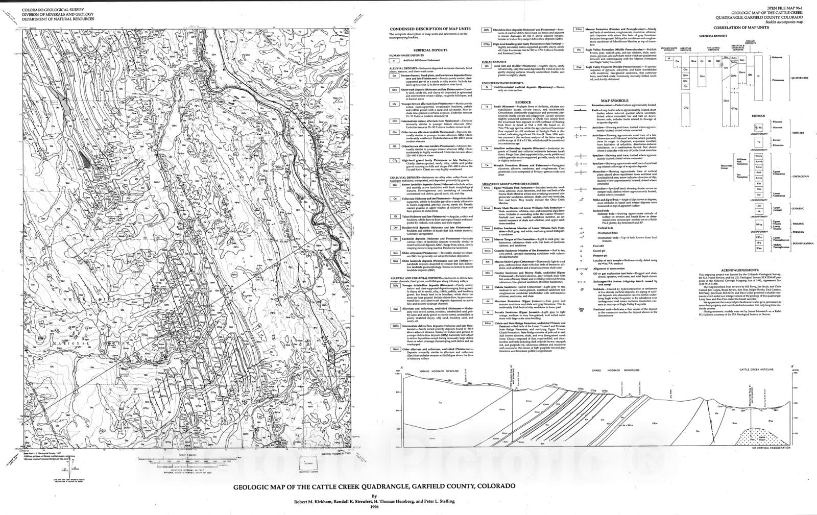 Map : Geologic map of the Cattle Creek quadrangle, Garfield County, Colorado , 1996 Cartography Wall Art :
