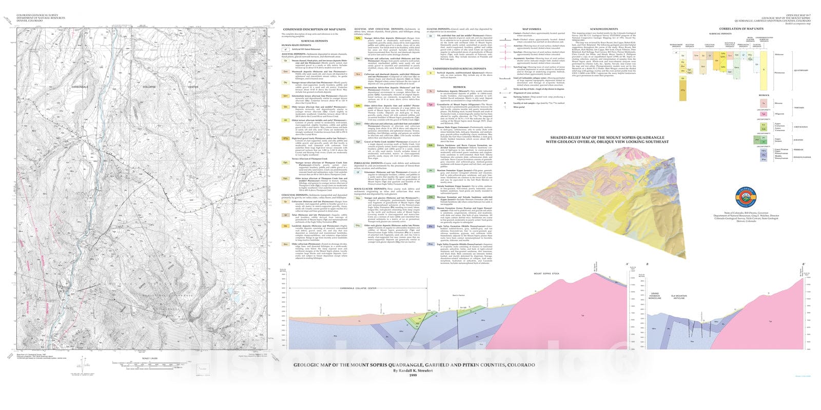 Map : Geologic map of the Mount Sopris quadrangle, Garfield and Pitkin Counties, Colorado, 1999 Cartography Wall Art :