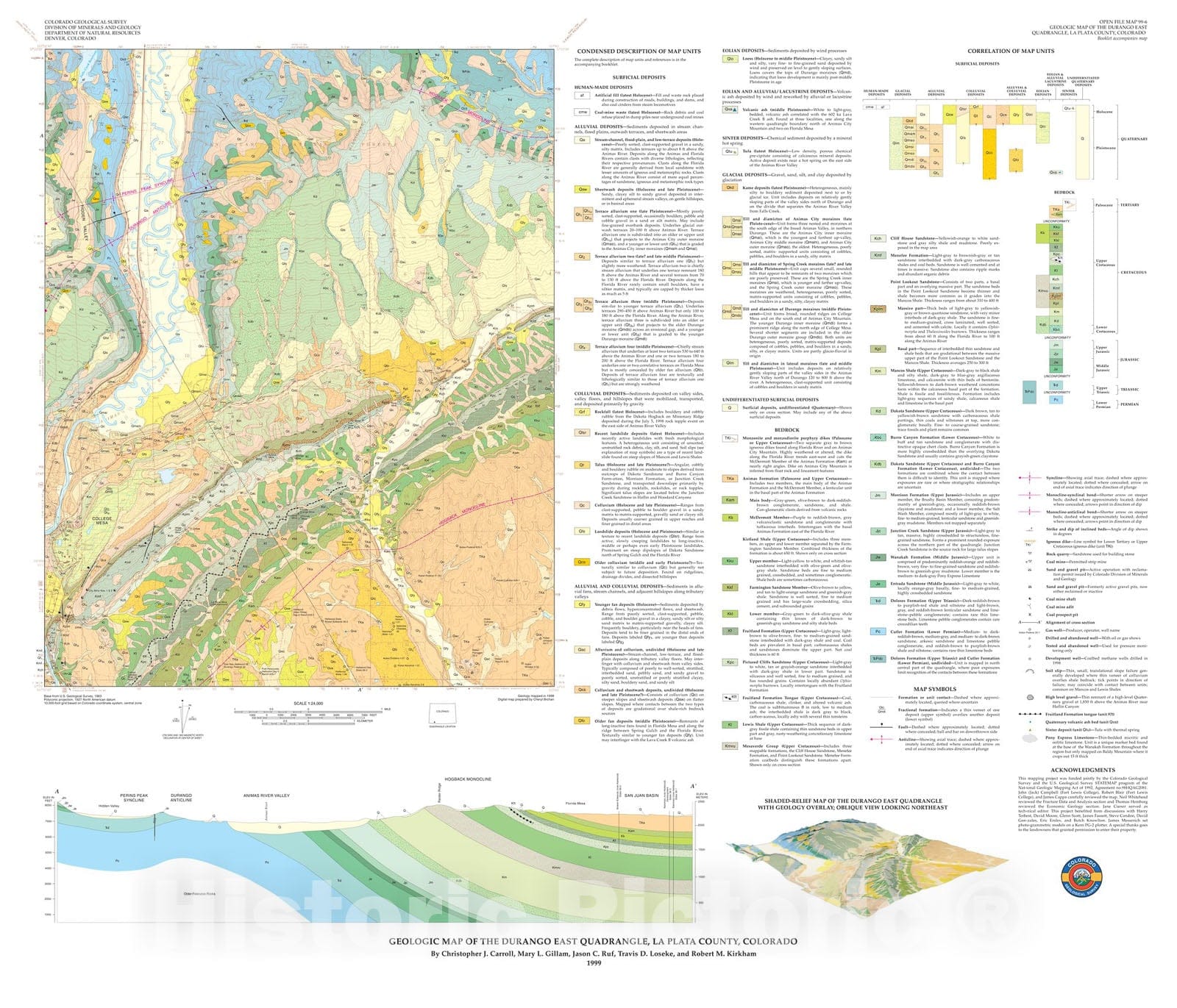 Map : Geologic map of the Durango East quadrangle, La Plata County, Colorado, 1999 Cartography Wall Art :