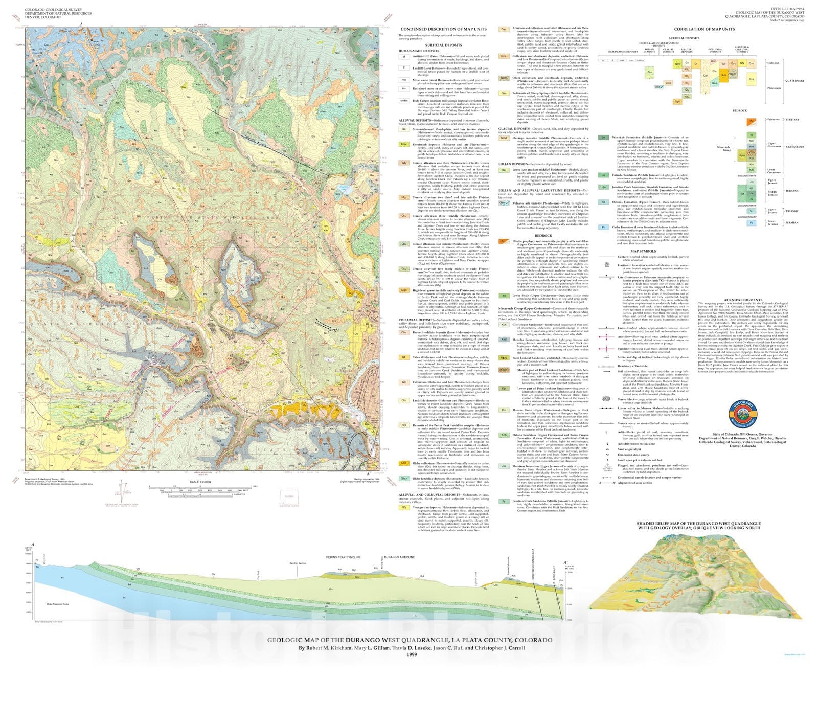 Map : Geologic map of the Durango West quadrangle, La Plata County, Colorado, 1999 Cartography Wall Art :