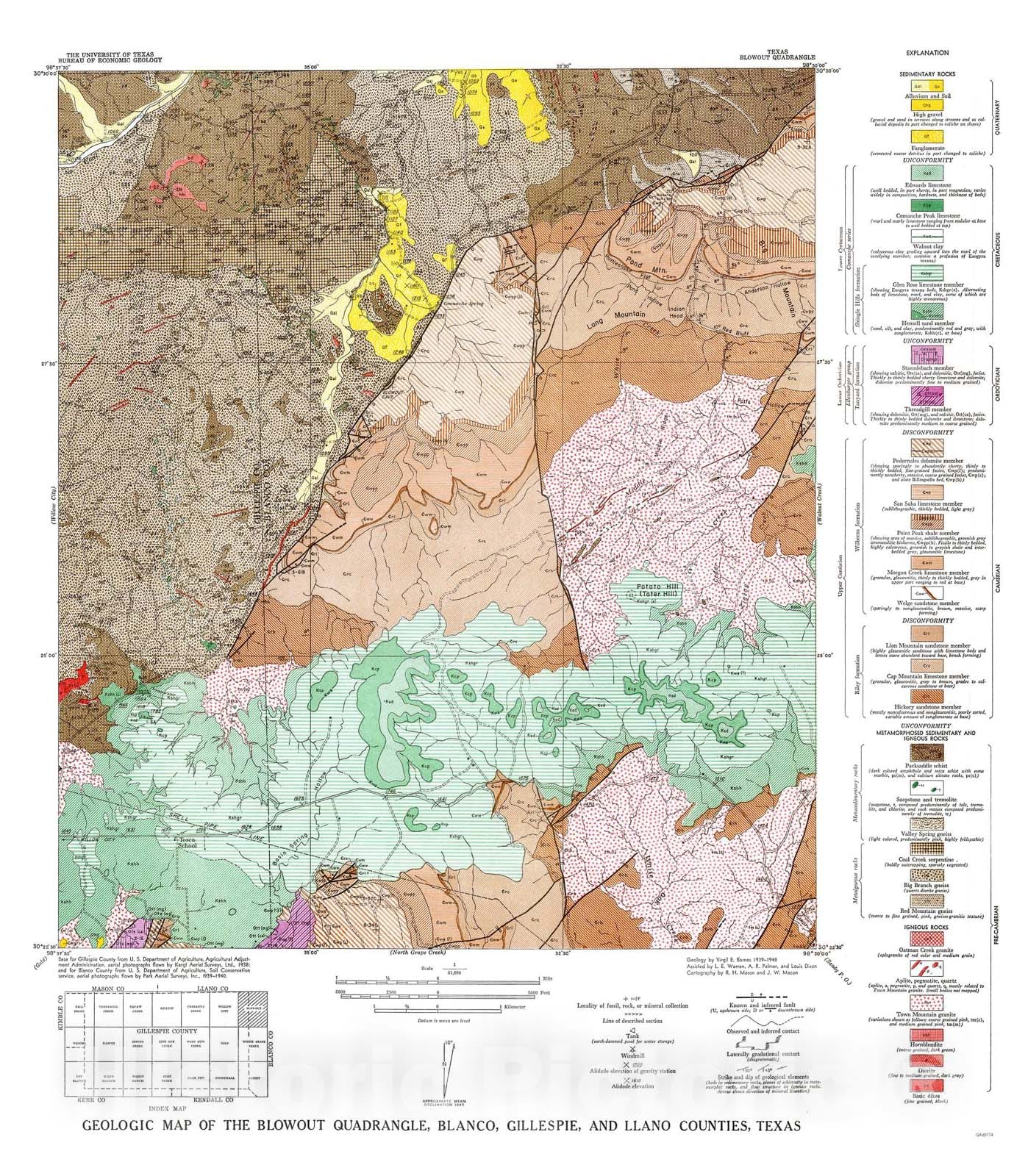 Map : Geologic Map of the Blowout Quadrangle, Blanco, Gillespie, and Llano Counties, Texas, 1952 Cartography Wall Art :