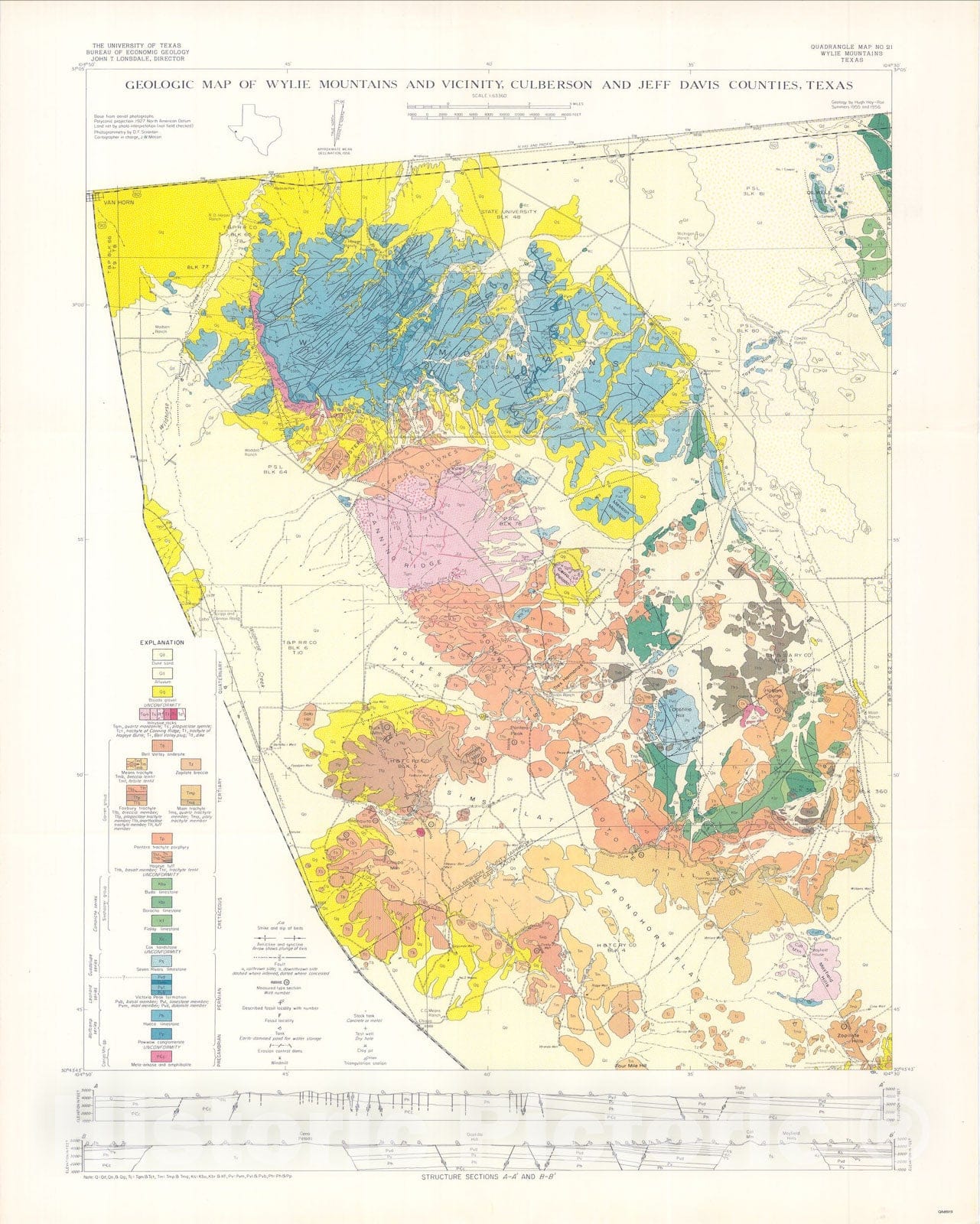 Map : Geologic map of Wylie Mountains and Vicinity, Culberson and Jeff Davis Counties, Texas, 1957 Cartography Wall Art :