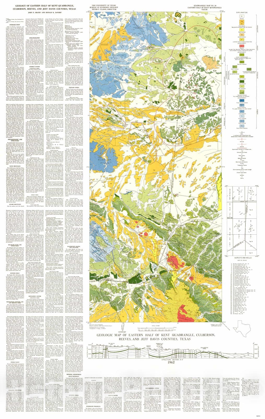 Map : Geology of Eastern Half of Kent Quadrangle, Culberson, Reeves, and Jeff Davis Counties, Texas, 1962 Cartography Wall Art :