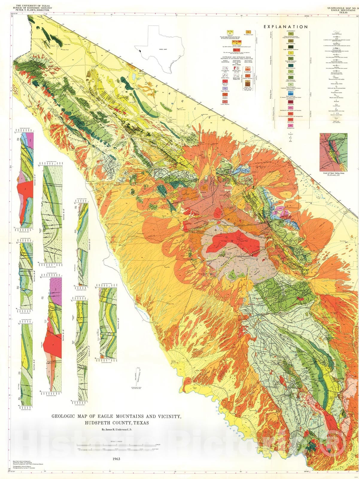 Map : Geology of the Eagle Mountains and Vicinity, Hudspeth County, Texas, 1963 Cartography Wall Art :