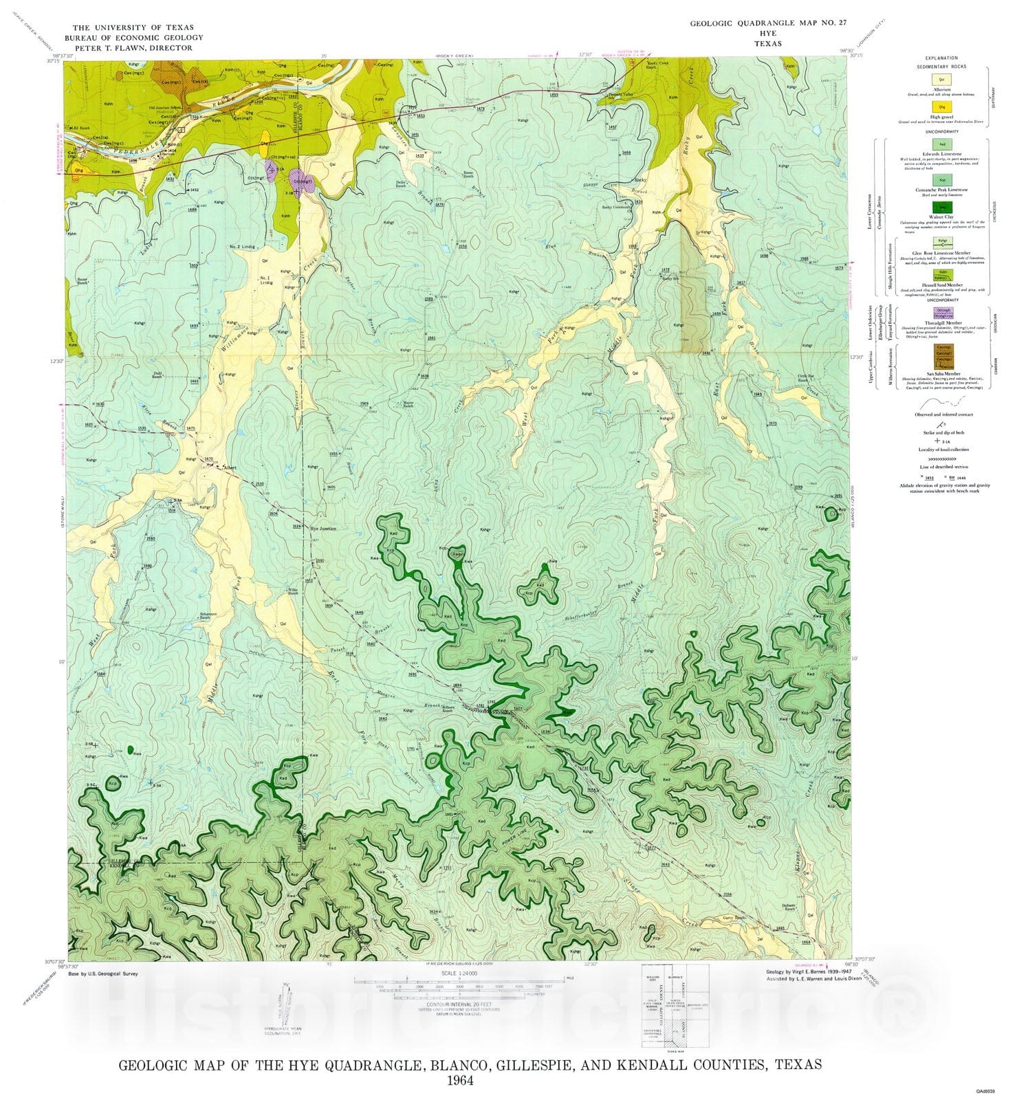 Map : Geology of the Hye Quadrangle, Blanco, Gillespie, and Kendall Counties, Texas, 1965 Cartography Wall Art :