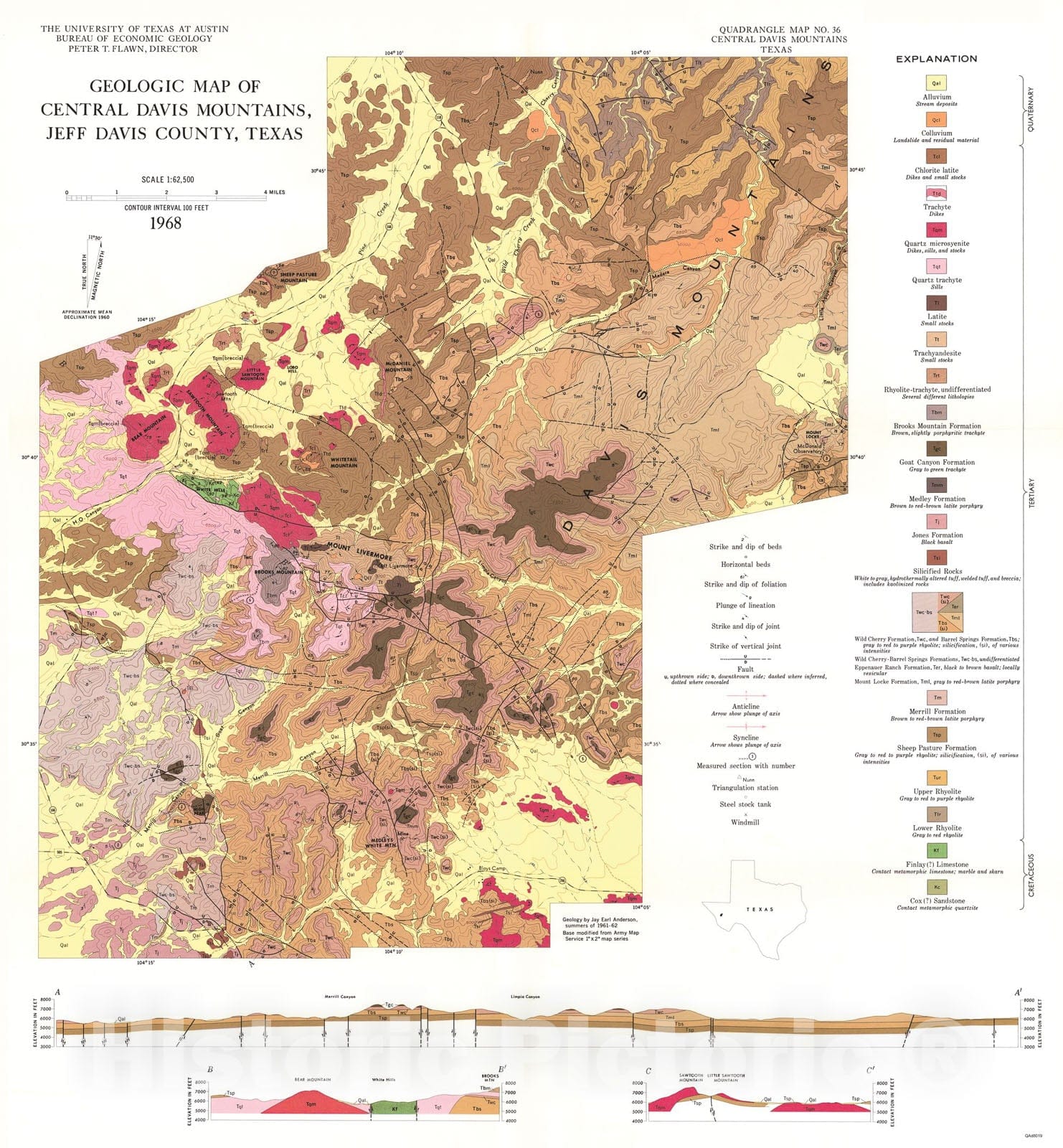 Map : Igneous Geology of the Central Davis Mountains, Jeff Davis County, Texas, 1968 Cartography Wall Art :
