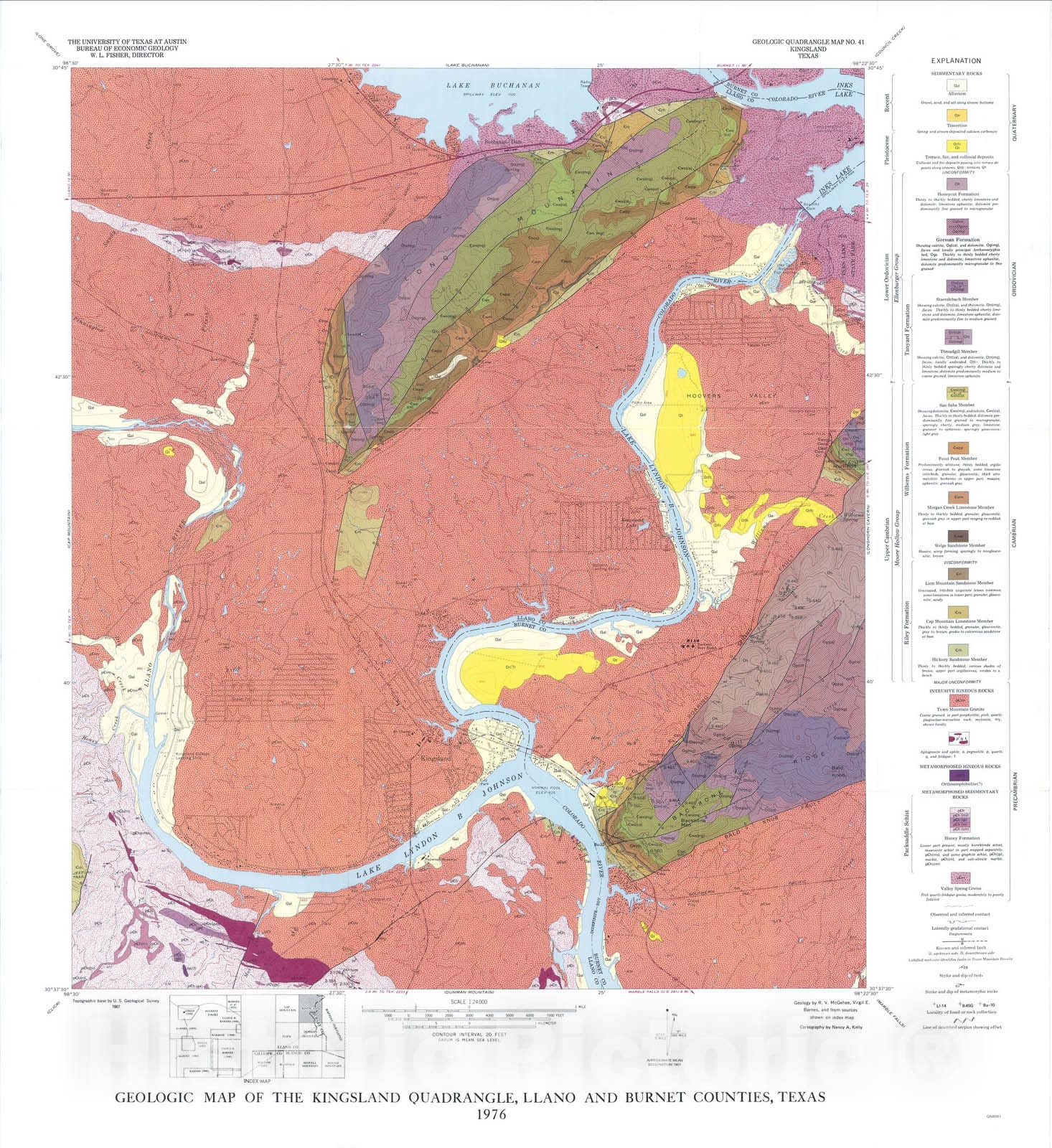 Map : Geology of the Kingsland Quadrangle, Llano and Burnet Counties, Texas, 1976 Cartography Wall Art :