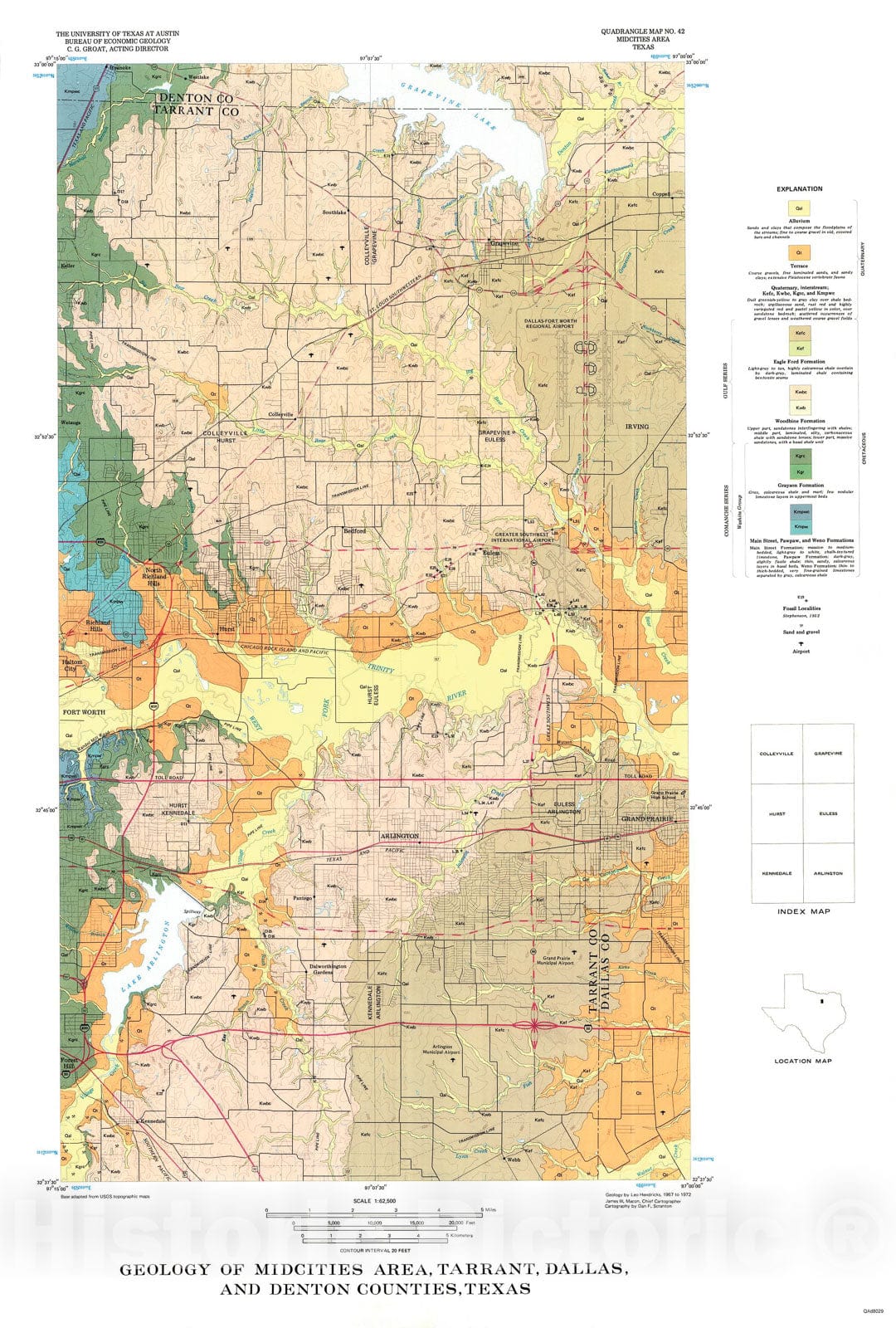 Map : Geology of Midcities Area, Tarrant, Dallas, and Denton Counties, Texas [with engineering properties of the Woodbine, Eagle Ford, and Quaternary], 1976 Cartography Wall Art :