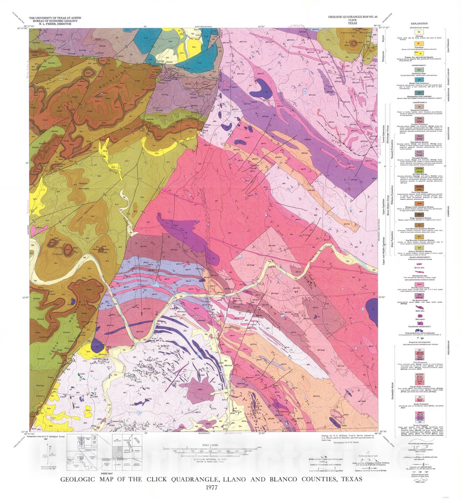 Map : Geology of the Click Quadrangle, Llano and Blanco Counties, Texas, 1977 Cartography Wall Art :