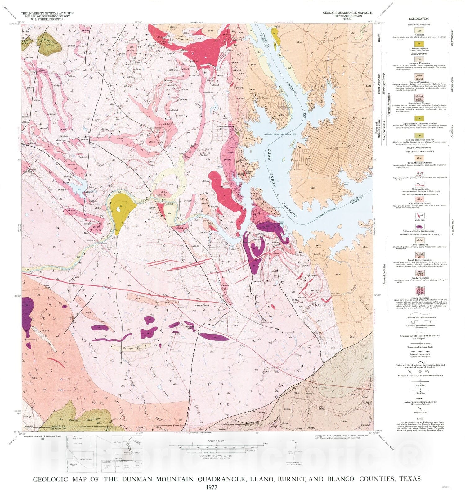 Map : Geology of the Dunman Mountain Quadrangle, Llano, Burnet, and Blanco Counties, Texas, 1978 Cartography Wall Art :