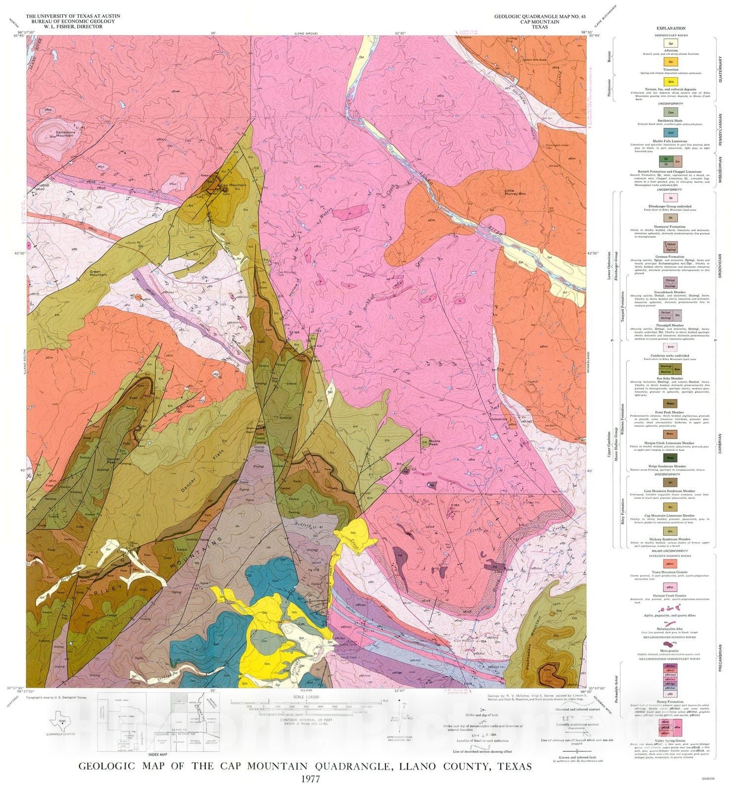 Map : Geology of the Cap Mountain Quadrangle, Llano County, Texas, 1978 Cartography Wall Art :