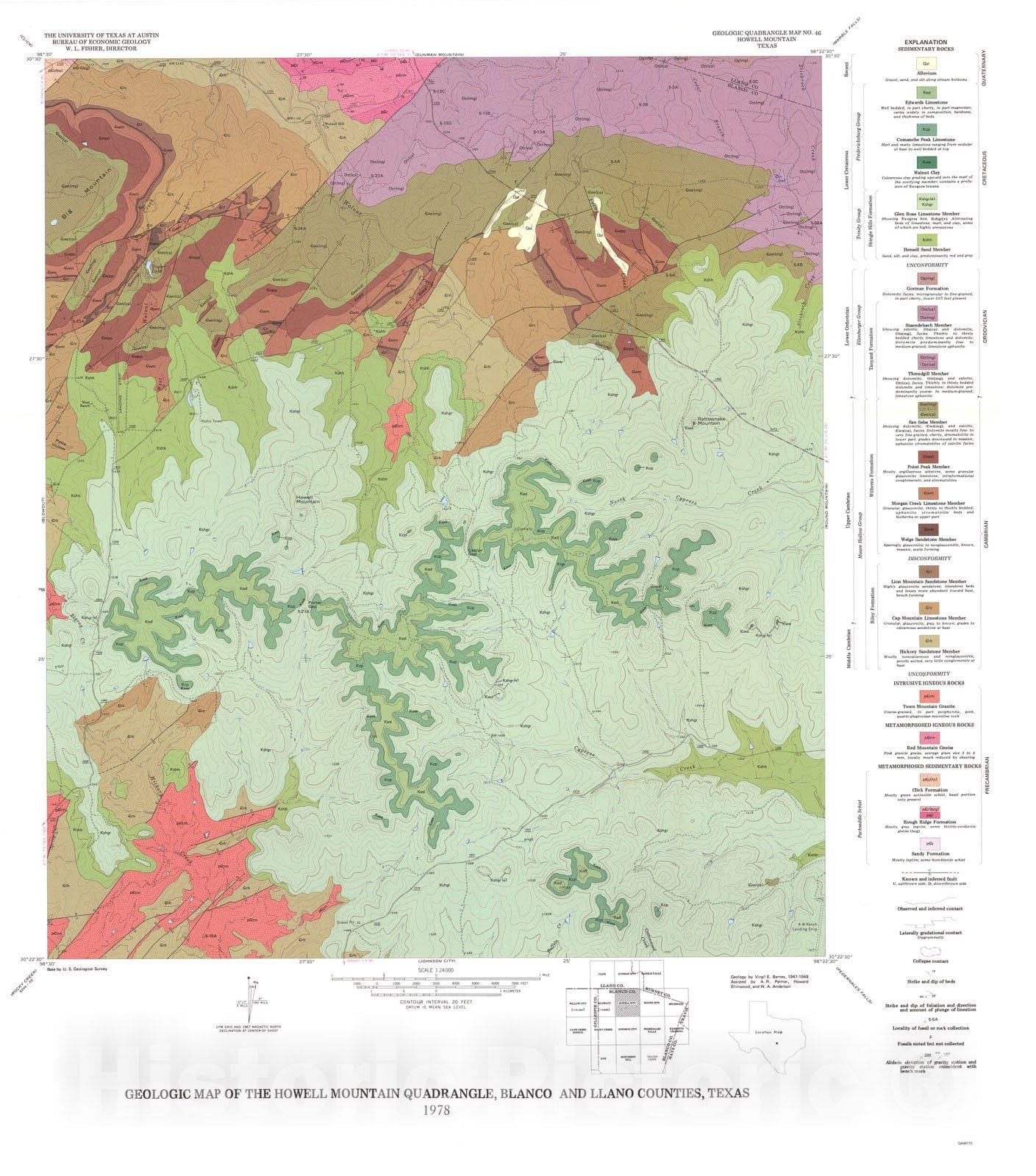 Map : Geology of the Howell Mountain quadrangle, Blanco and Llano Counties, Texas, 1978 Cartography Wall Art :