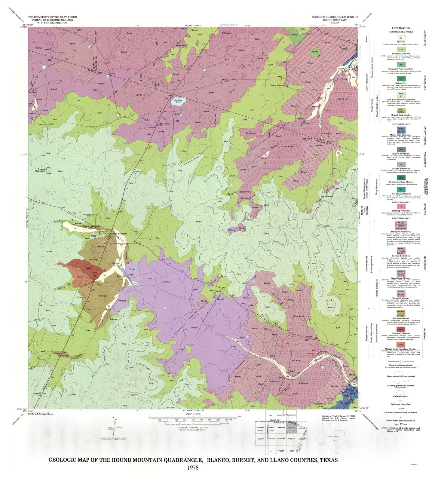 Map : Geologic map of the Round Mountain quadrangle, Blanco, Burnet, and Llano counties. Texas, 1978 Cartography Wall Art :