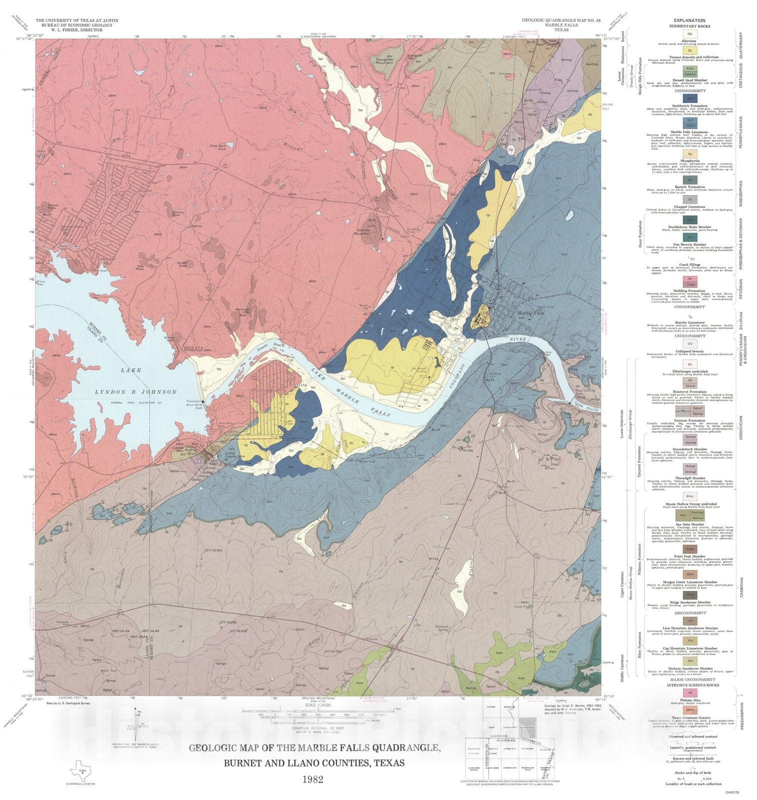Map : Geology of the Marble Falls quadrangle, Burnet and Llano Counties, Texas., 1982 Cartography Wall Art :