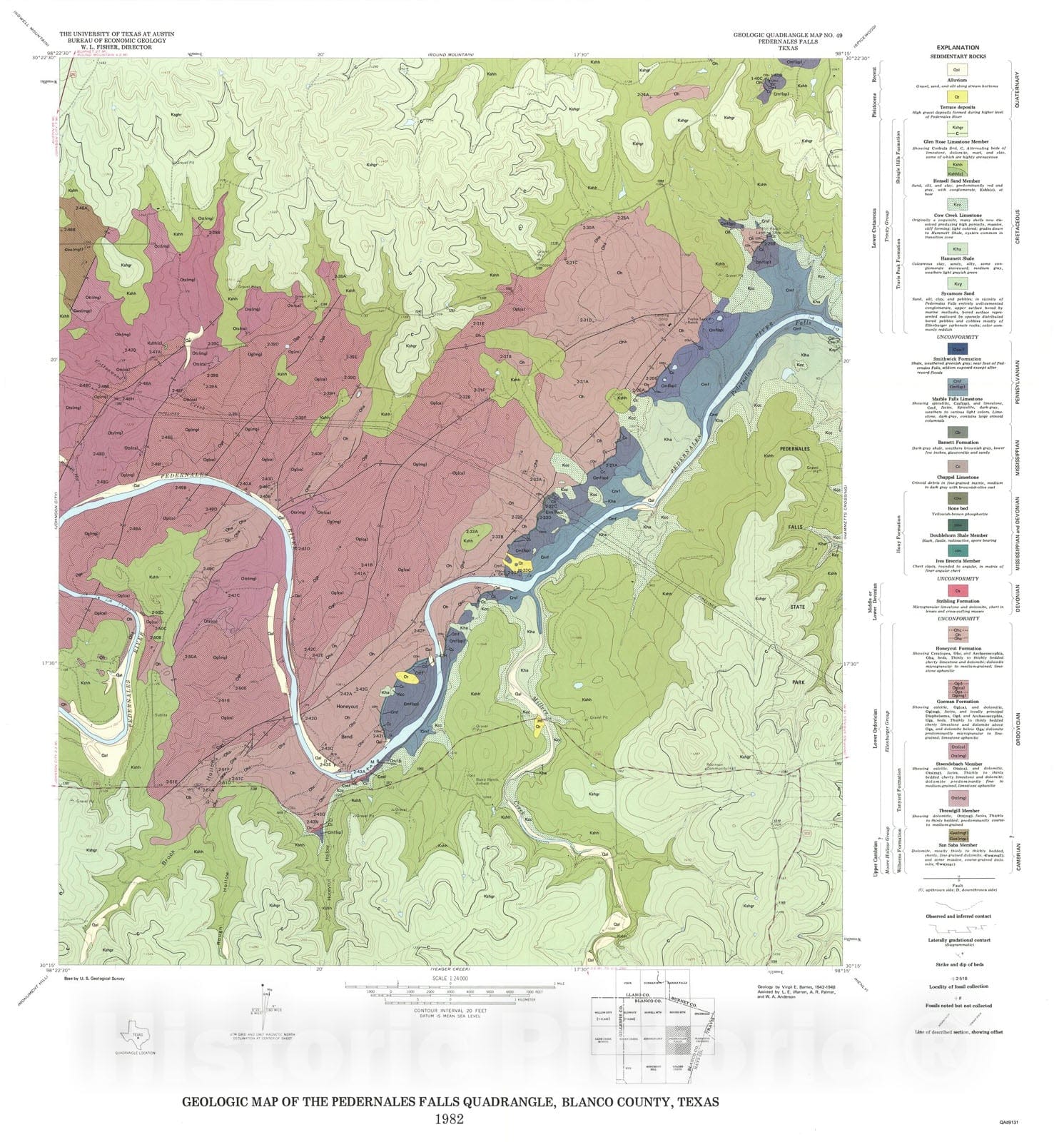 Map : Geology of the Pedernales Falls quadrangle, Blanco County, Texas, 1982 Cartography Wall Art :