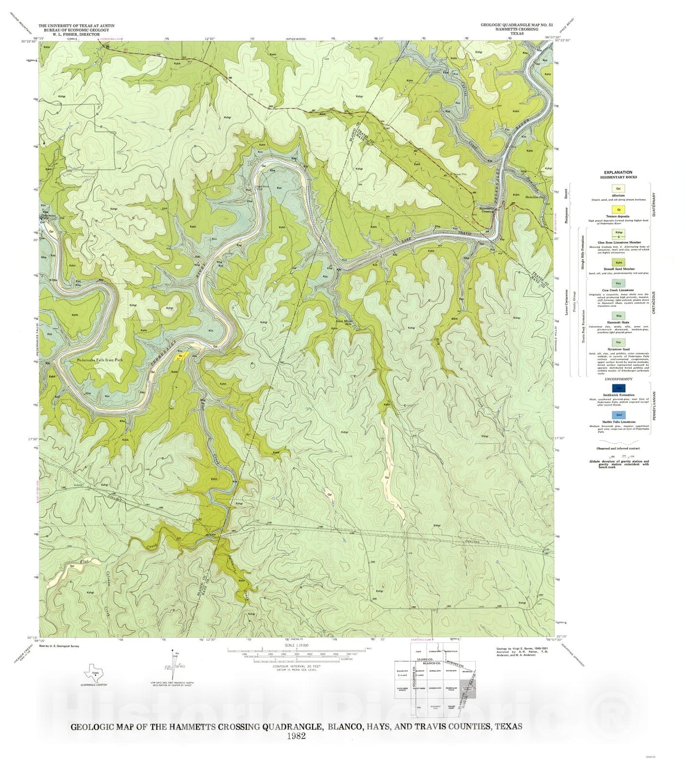 Map : Geology of the Hammetts Crossing Quadrangle, Blanco, Hays, and Travis Counties, Texas, 1982 Cartography Wall Art :