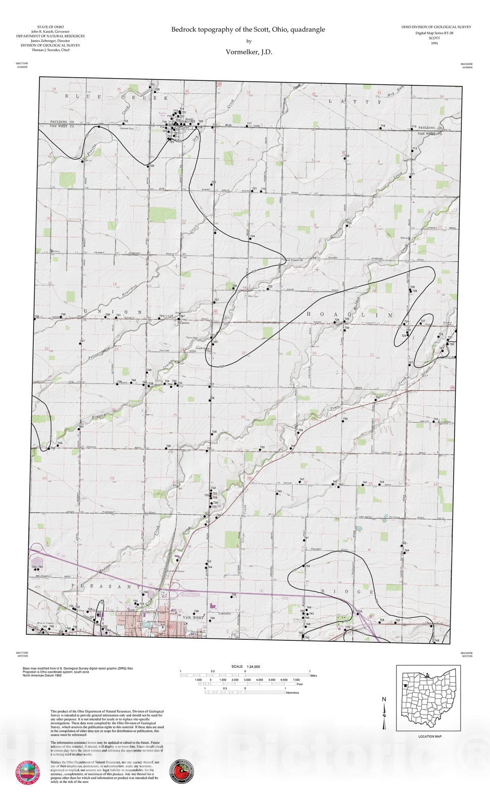 Map : Bedrock topography of the Scott, Ohio, quadrangle, 1991 Cartography Wall Art :