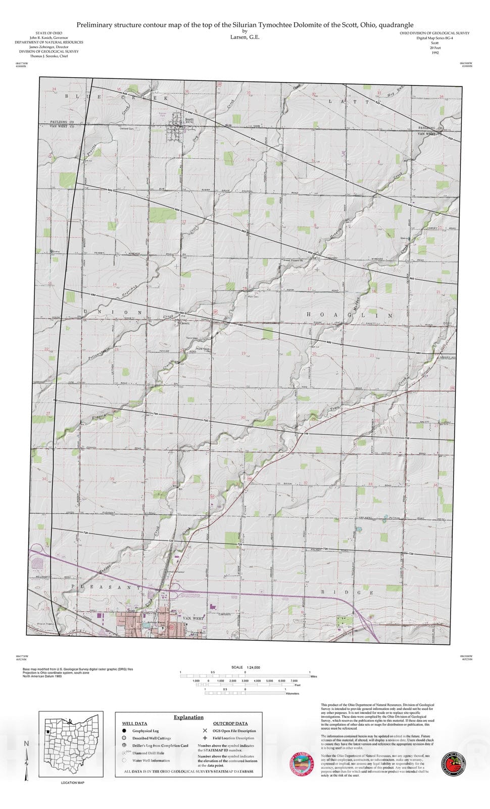 Map : Preliminary structure contour map of the top of the Silurian Tymochtee Dolomite of the Scott, Ohio, quadrangle, 1992 Cartography Wall Art :