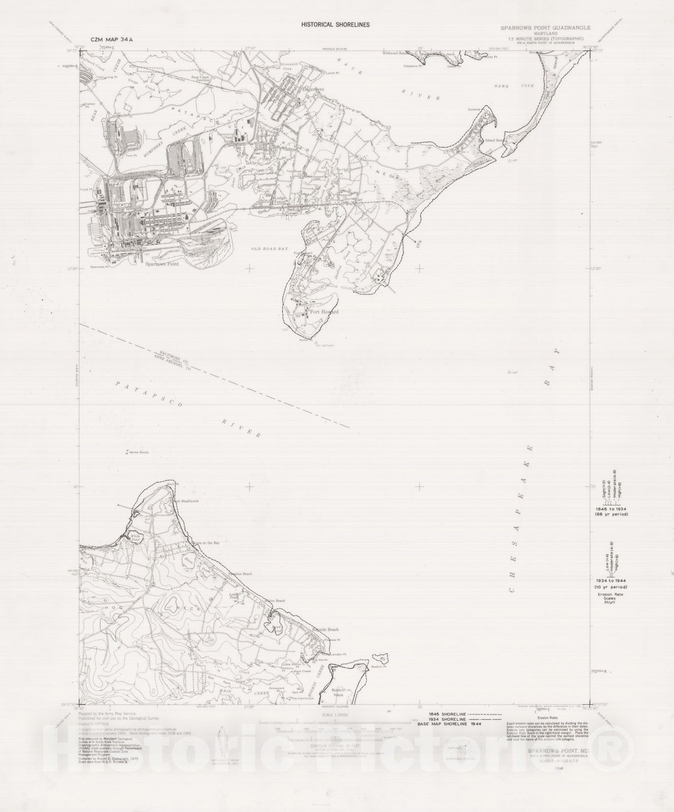 Map : Historical shorelines, Sparrows Point quadrangle, Maryland, 1976 Cartography Wall Art :