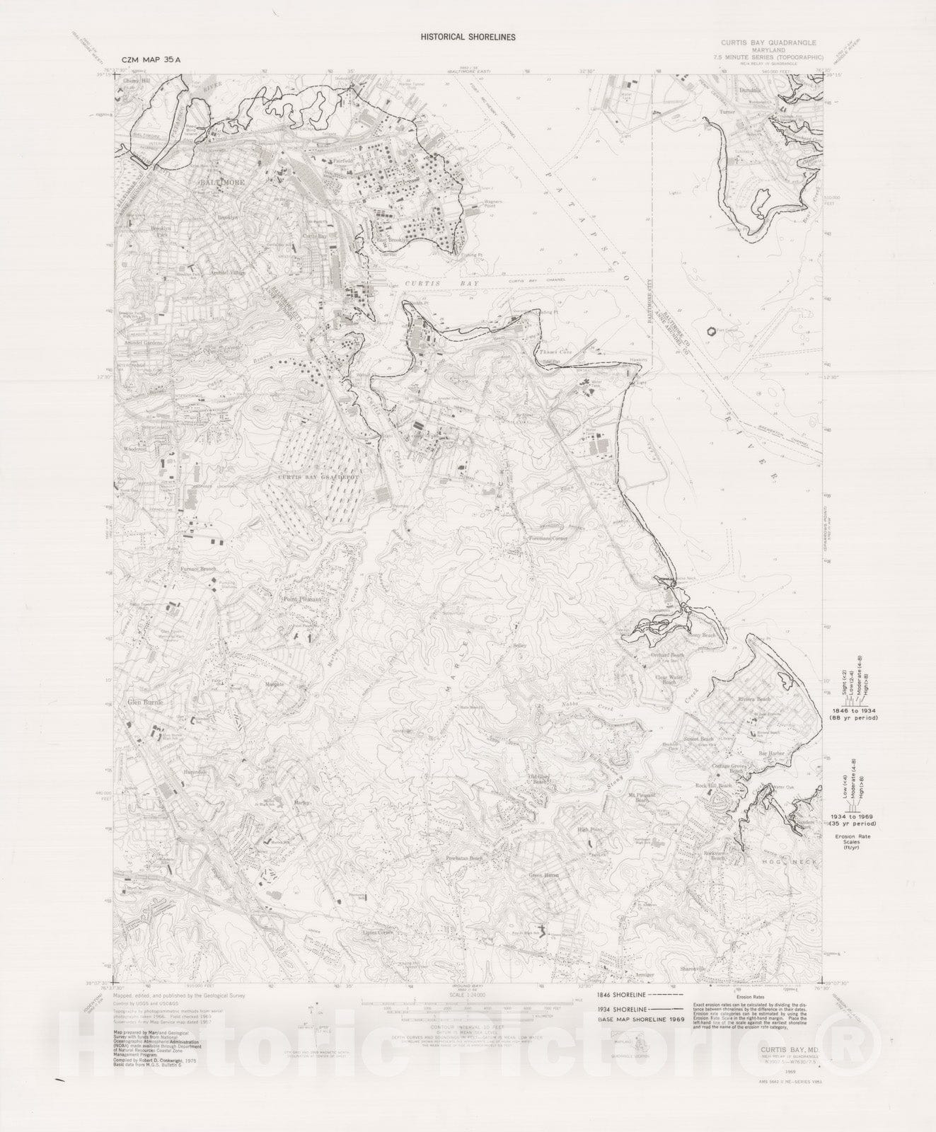 Map : Historical shorelines, Curtis Bay quadrangle, Maryland, 1976 Cartography Wall Art :