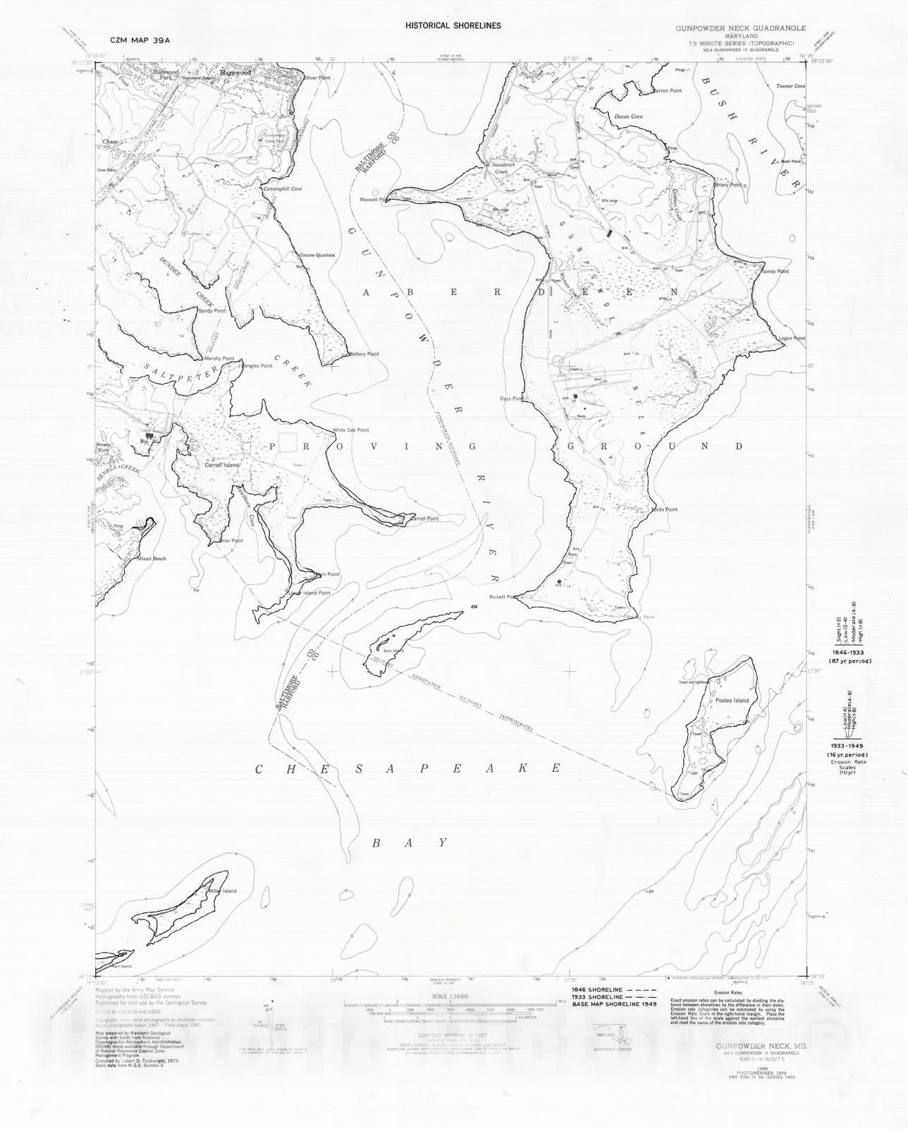 Map : Historical shorelines, Gunpowder Neck quadrangle, Maryland, 1976 Cartography Wall Art :