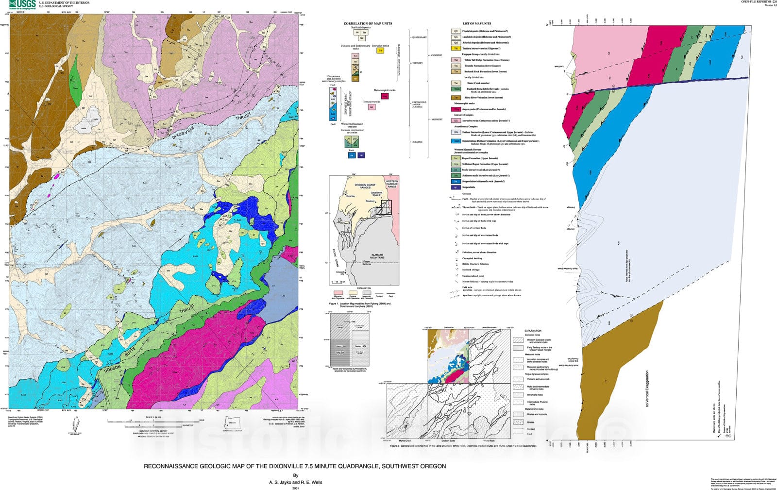 Map : Reconnaissance geologic map of the Dixonville 7.5' quadrangle, Oregon, 2001 Cartography Wall Art :