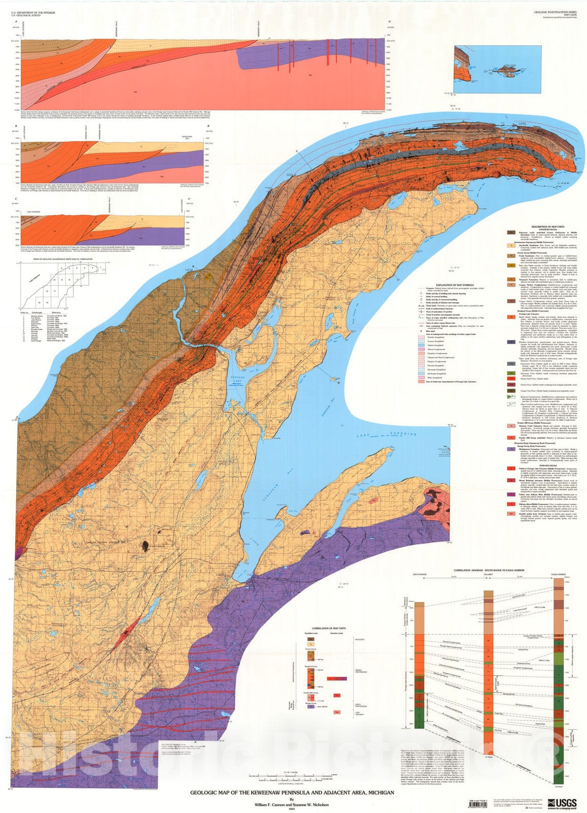 Map : Geologic map of the Keweenaw Peninsula and adjacent area, Michigan, 2001 Cartography Wall Art :