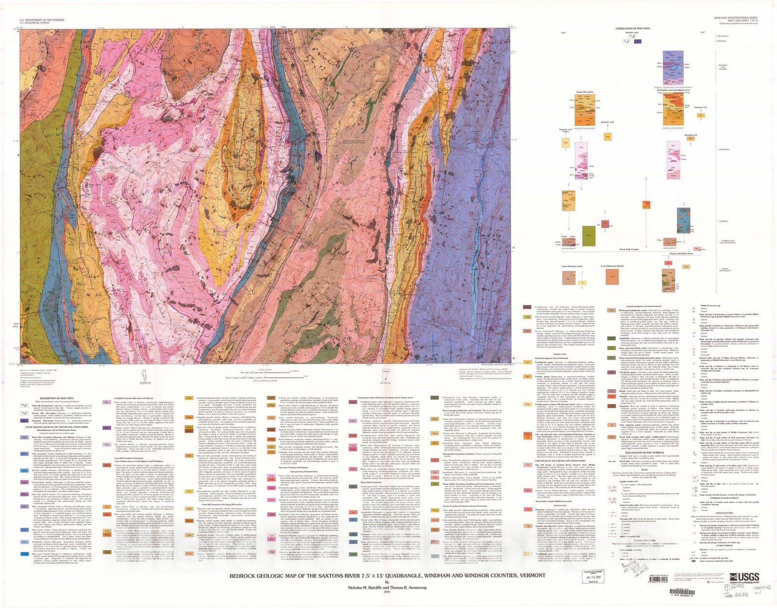 Map : Bedrock geologic map of the Saxtons River 7.5' X 15' quadrangle, Windham and Windsor Counties, Vermont, 2001 Cartography Wall Art :