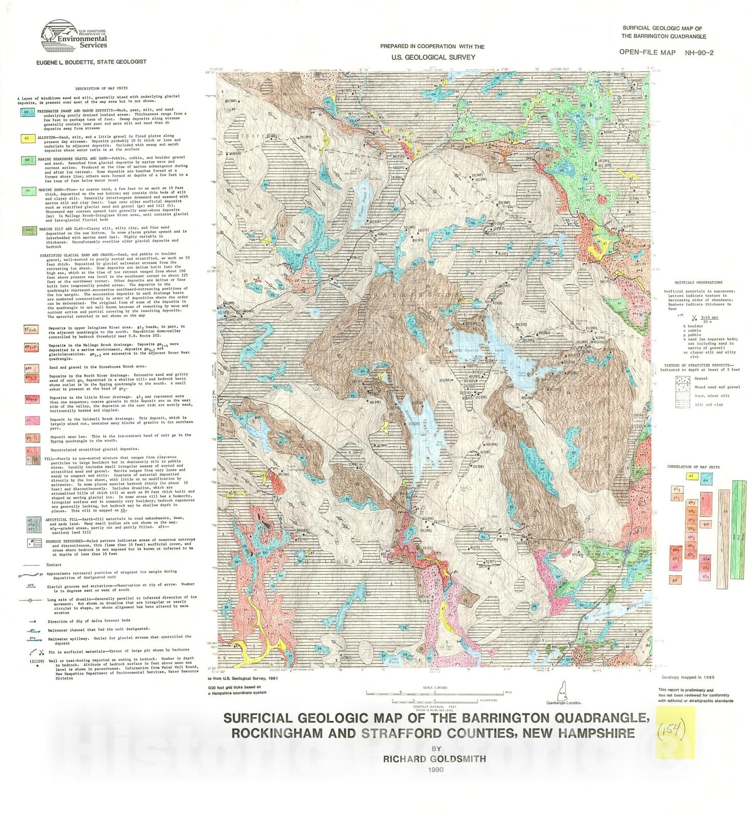 Map : Surficial geologic map of the Barrington quadrangle, Rockingham and Strafford Counties, New Hampshire, 1990 Cartography Wall Art :