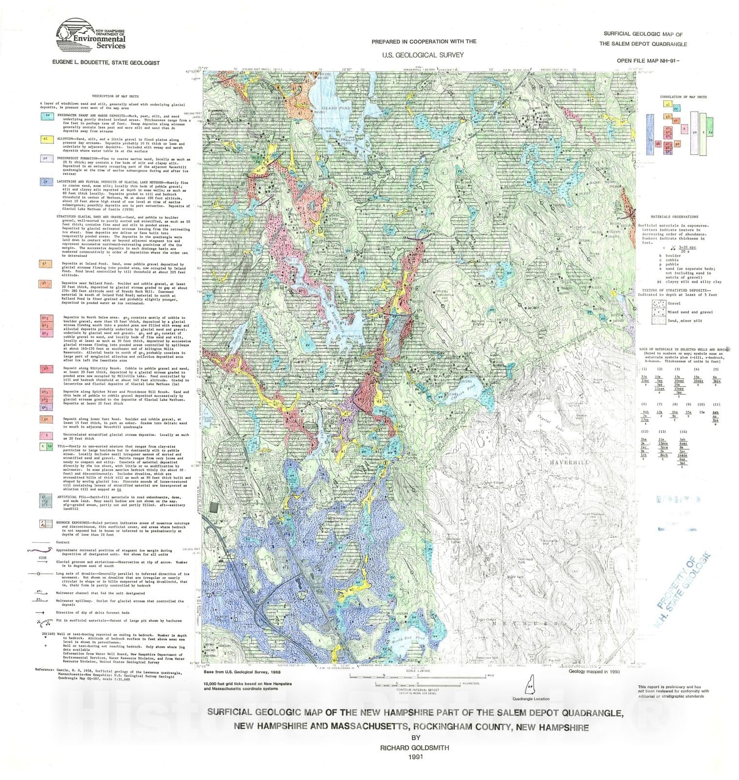 Map : Surficial geologic map of the New Hampshire part of the Salem Depot quadrangle, New Hampshire and Massachusetts, Rockingham County, New Hampshire, 1991 Cartography Wall Art :