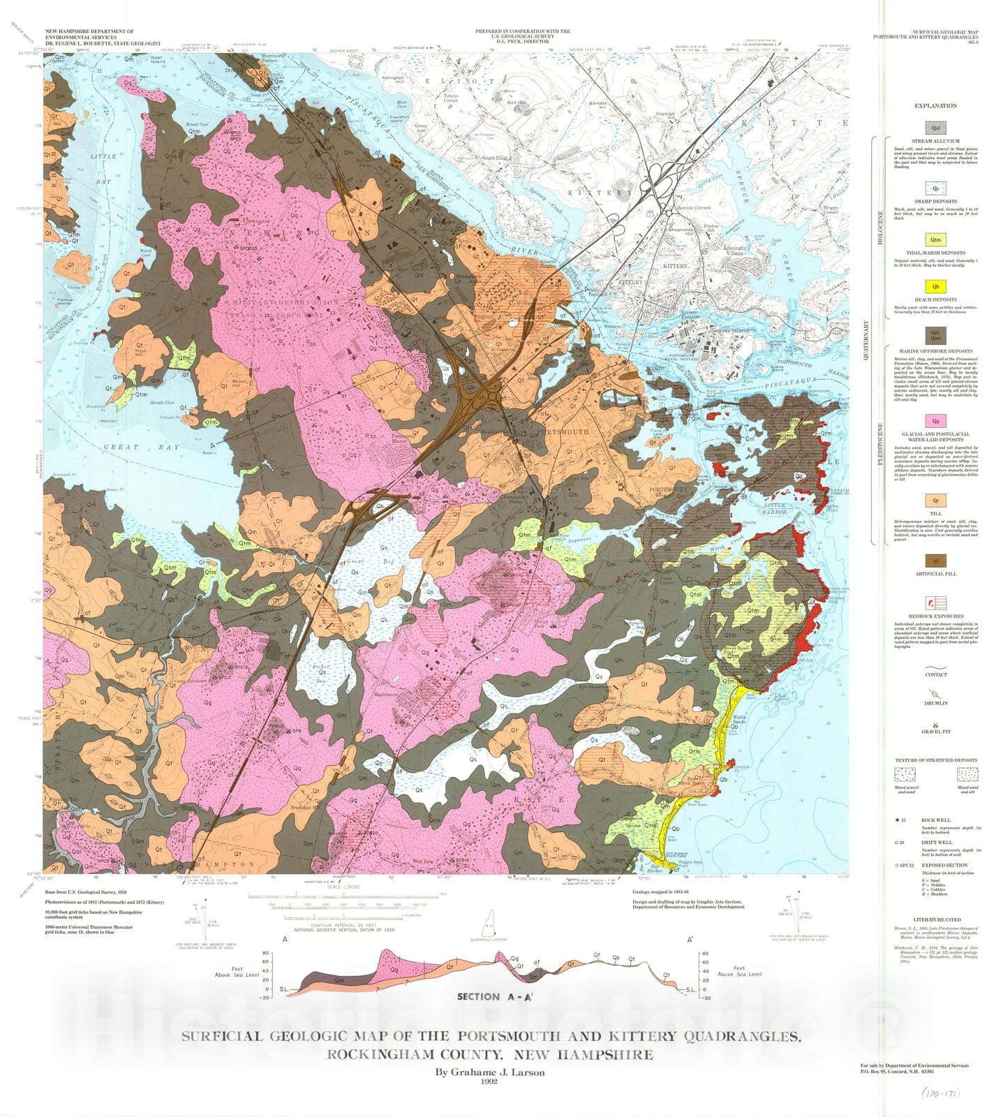 Map : Surficial geologic map of the Portsmouth and Kittery quadrangles, Rockingham County, New Hampshire, 1992 Cartography Wall Art :