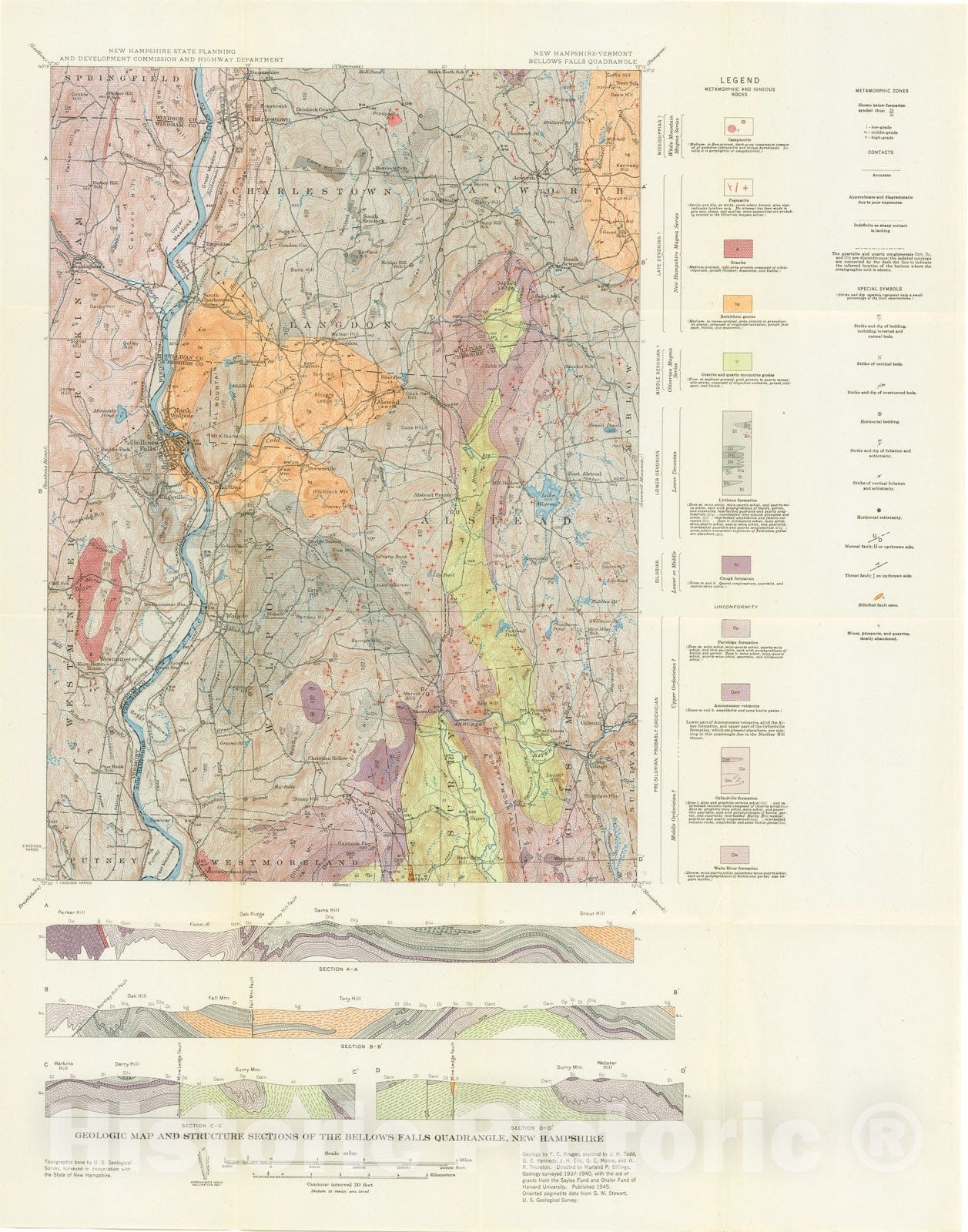 Map : The geology of the Bellows Falls quadrangle, New Hampshire and Vermont, 1946 Cartography Wall Art :