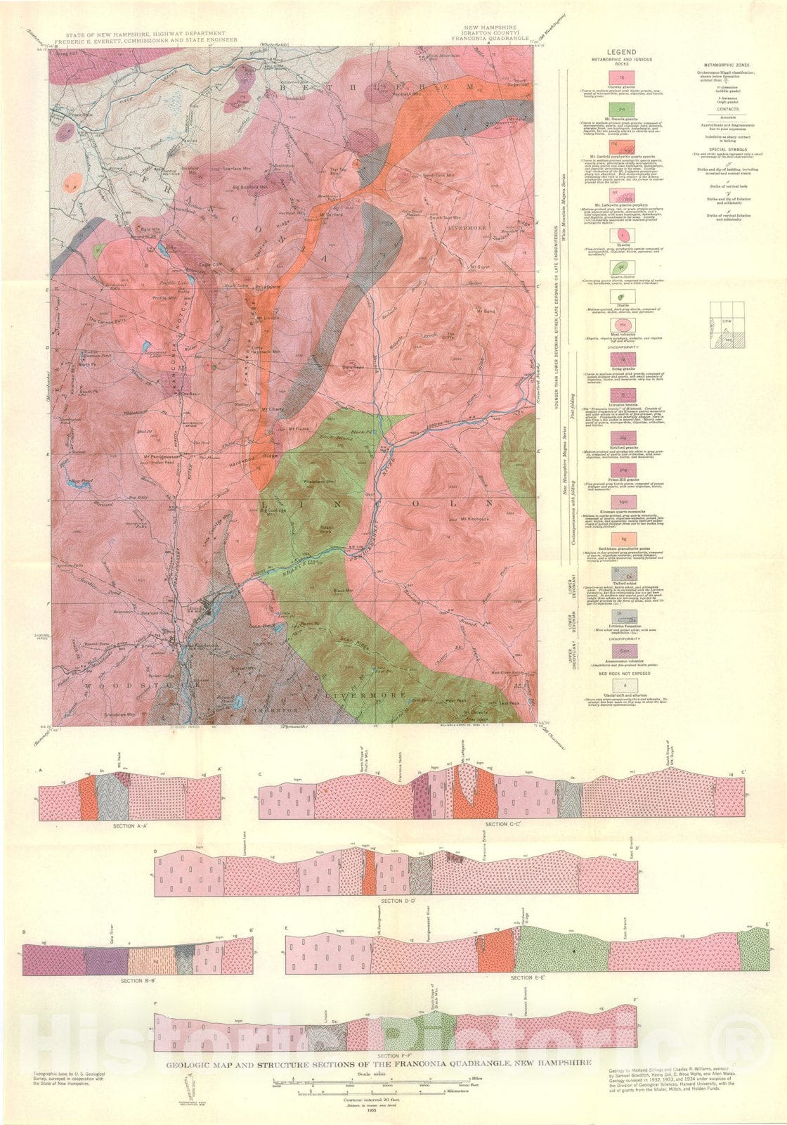 Map : Geology of the Franconia quadrangle, New Hampshire, 1935 Cartography Wall Art :