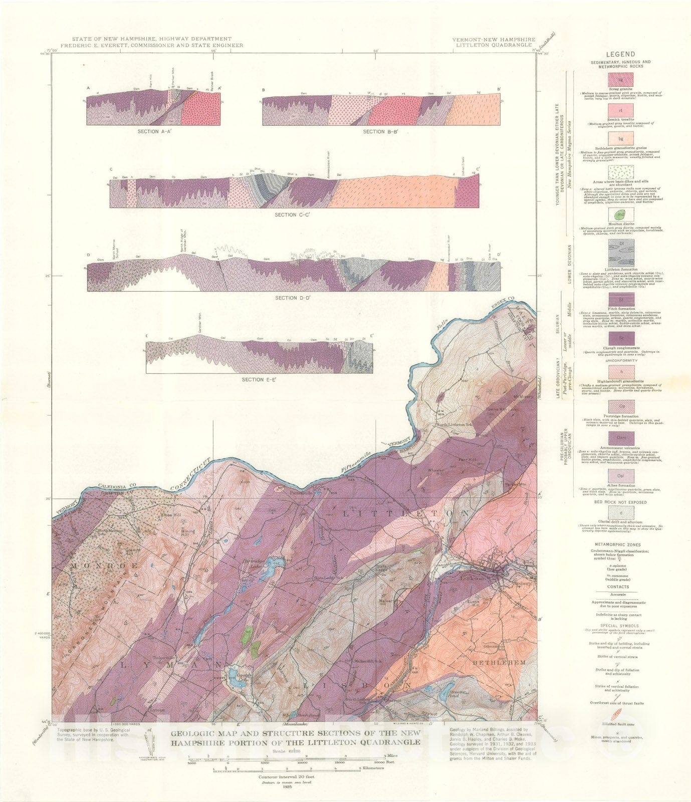 Map : Geology of the Littleton and Moosilauke quadrangles, New Hampshire, 1935 Cartography Wall Art :